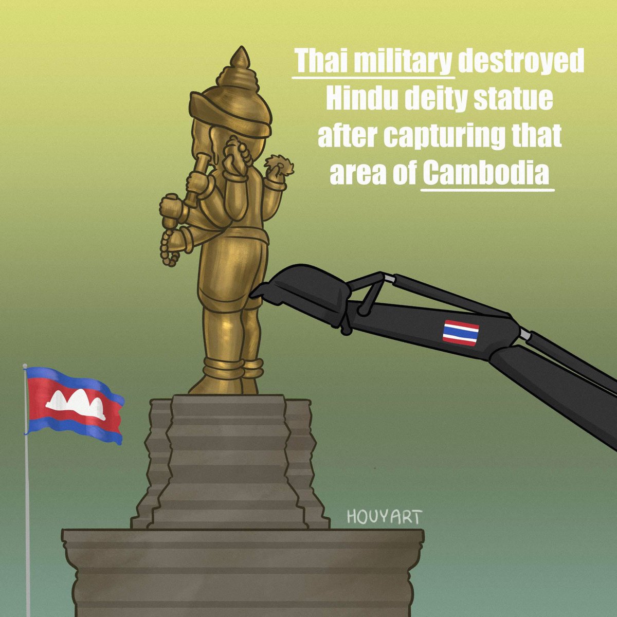 ChhunlinSrin's tweet photo. Lord Vishnu statue Destroyed by Thailand 's Military, This statue located 400 meters from thai border.
#Cambodia 
#ThailandStartedTheWar https://t.co/KCG9dqOu6t