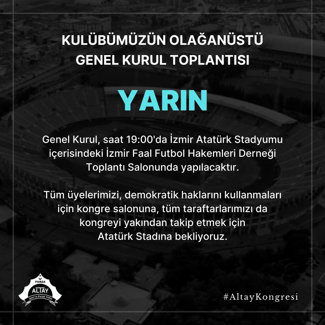 🗳 Yarın 19:00 #AltayKongresi 
Tüm üyelerimizi ve taraftarlarımızı bekliyoruz.