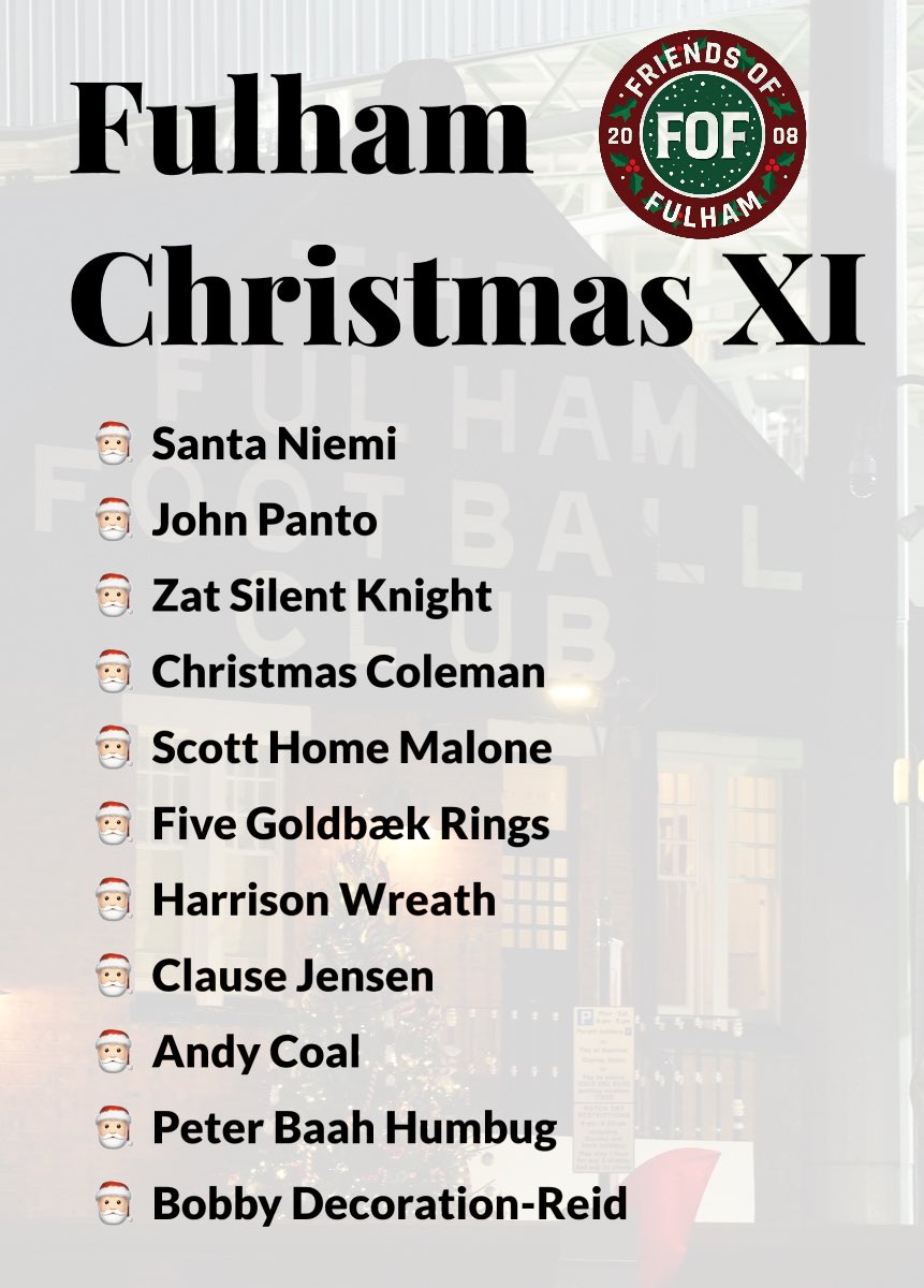 𝗙𝗨𝗟𝗛𝗔𝗠 𝗖𝗛𝗥𝗜𝗦𝗧𝗠𝗔𝗦 𝗫𝗜 🎅🏻🎄

Thought up by the members over at the Friends of Fulham Forum 🧠

Which one is your favourite? Any more ideas, let us know below👇🏻 #ffc 

▶️ friendsoffulham.com/forum/index.ph…