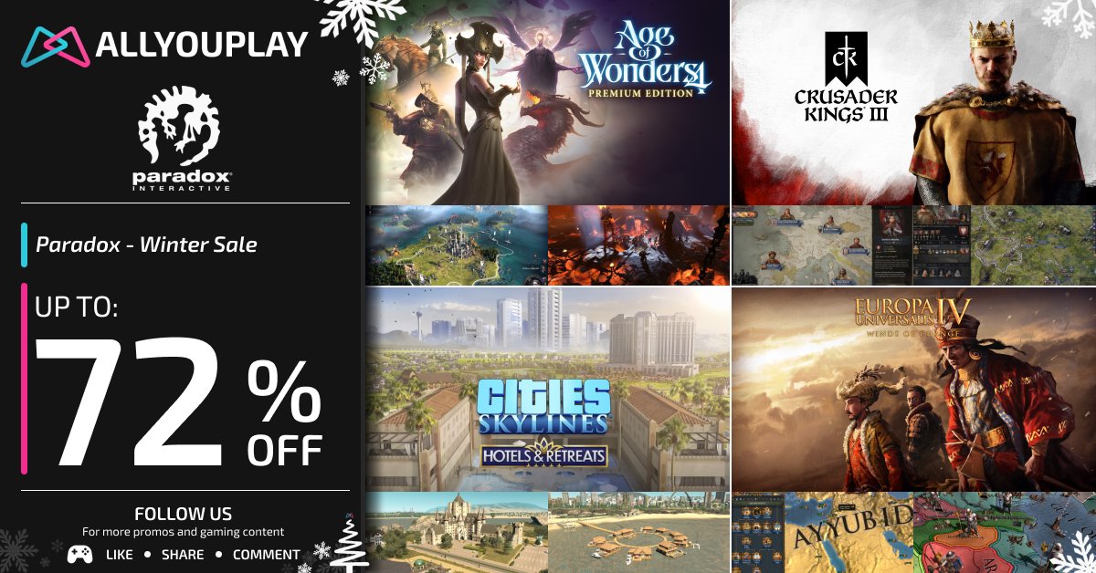 ALLYOUPLAY's tweet image. Winter bends to strategy. ❄️🧠
Empires don’t rest — they recalculate.

⚔️ Age of Wonders 4 – Premium Edition: 58.49€ / 48.74£ / 58.49$
👑 Crusader Kings III: 13.59€ / 12.60£ / 13.55$
🏨 Cities: Skylines – Hotels &amp;amp; Retreats: 6.39€ / 5.35£ / 6.39$
🌍 Europa Universalis IV –…