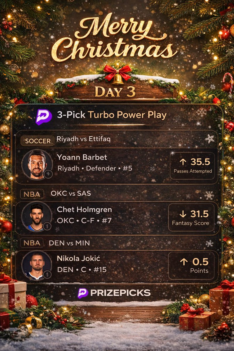 3dgeledger's tweet photo. 🎄 Merry Christmas — Day 3 Turbo! 
Yoann Barbet — Over 35.5 Passes
Chet Holmgren — Under 31.5 Fantasy
Nikola Jokic — Free 0.5 Points

Wemby vs Chet… yeah, we’re taking the under 😂

Let’s cash. 🎅🔥

#PrizePicks #TurboPlay #ChristmasPicks #NBAParlay #SoccerPicks #MerryChristmas https://t.co/cHFtBfdpOx