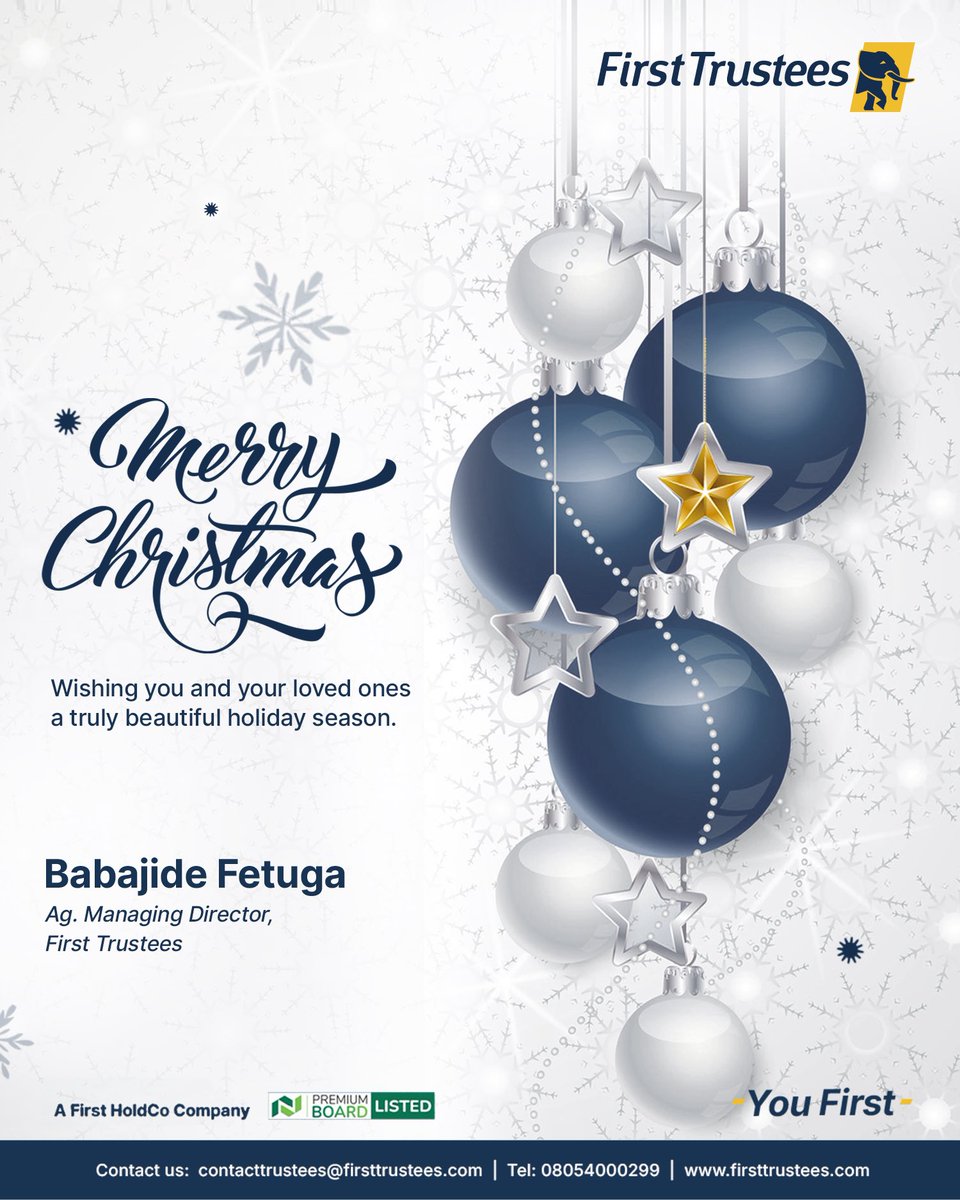 FirstTrustees's tweet image. Wishing you and your loved ones a truly beautiful holiday season. 

First Trustees is registered as a fund manager, investment advisor and trustees and regulated by the Securities and Exchange Commission, Nigeria.

#FirstTrustees #Legacubuilding #Christmas