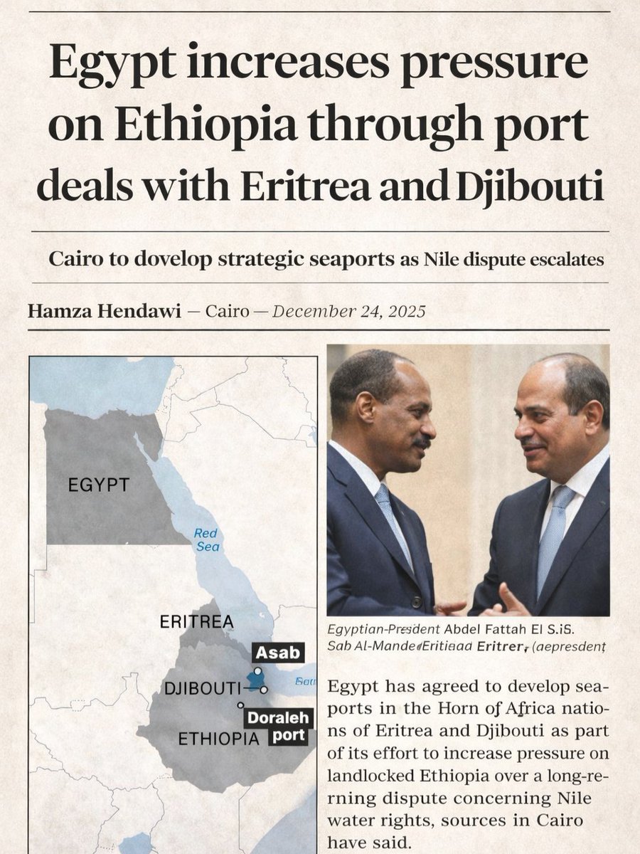 Meconneno's tweet image. Egypt’s new port deals in Assab 🇪🇷 and Doraleh 🇩🇯 increase pressure on Ethiopia amid the Nile dispute. The agreements expand military and naval capacity near Bab-el-Mandeb while Ethiopia remains reliant on Djibouti for sea access.

#HornOfAfrica #RedSea #Eritrea #Djibouti #Egypt…
