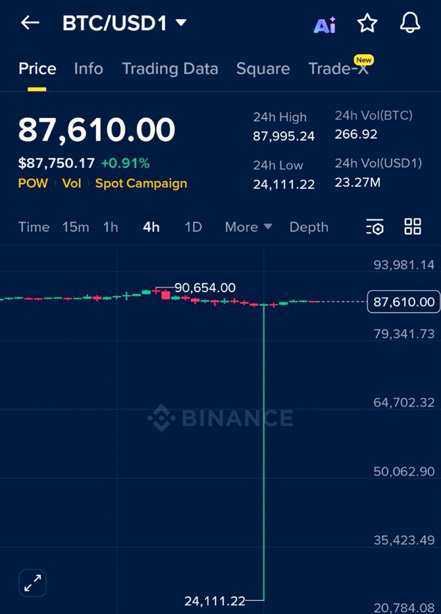 🚨BREAKING: Bitcoin retraces to $25,000 in flash crash on Binance BTC/USDC1  pair.