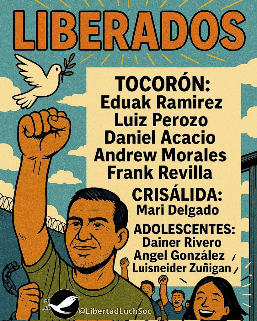 ULTIMA HORA | #25Dic | Nombres de los 9 #PresosPolíticos  excarcelados

TOCORON:
Eduak Ramirez 
Luiz Perozo
Daniel Acacio
Andrew Morales
Frank Revilla

CRISÁLIDA:
Mari Delgado

ADOLESCENTES:
Dainer Rivero
Angel González
Luisneider Zuñigan

#LibertadParaTodos