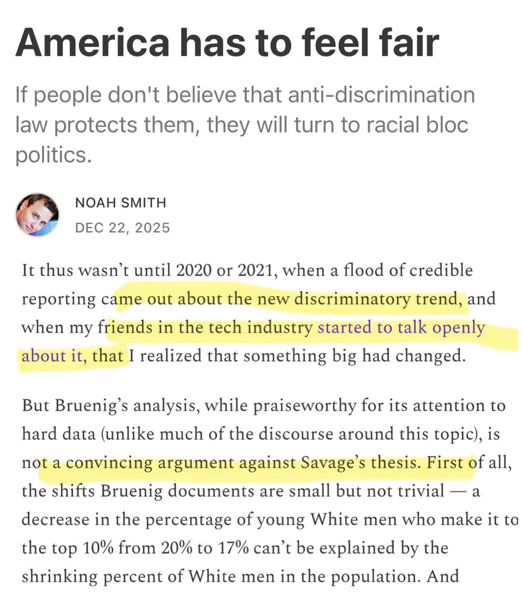 oelayat's tweet image. Noah Smith’s incredible contribution to the debate: reinventing wokeness for white guys from first principles. Yes, he admits there’s no evidence of discrimination—but have you considered the thoughts and feelings of his friends? They have every right to feel aggrieved.