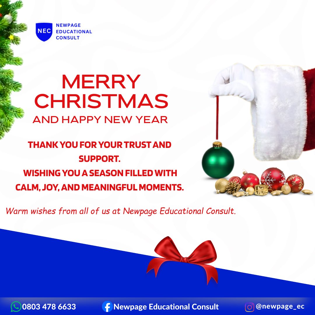 heed1's tweet image. Merry Christmas from all of us at Newpage Educational Consult. Thank you for believing, choosing and trusting our vision. 

May this season brings joy, happiness, beautiful moments and reasons to celebrate in Jesus name.