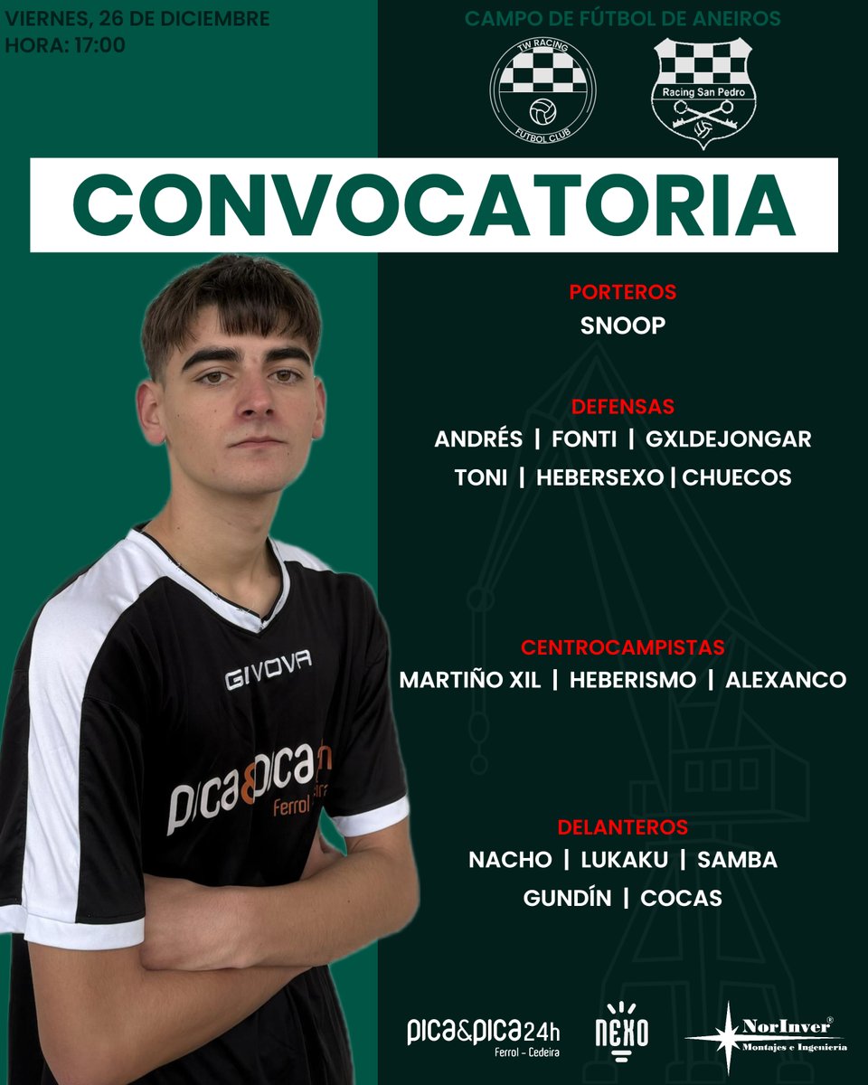 📝 NUESTRA PRIMERA CONVOCATORIA PARA NUESTRO DEBUT CONTRA <a href="/RacingSanPedro_/">Racing San Pedro</a> 

Mañana os esperamos a todos en Aneiros 💚🤍

#TWRacingFC #SanPedroTWRacing #convocatoria