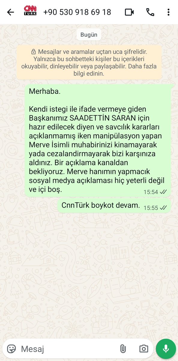 Fenerbahçe taraftarının CnnTurk u Protestosu Devam Ediyor. 
Şimdi de <a href="/merve_tokaz/">Merve Tokaz</a>
İsimli provokatörü WhatsApp hattına Mesajlar Atarak Şikayet ediyor. 

#cnntürkboykot