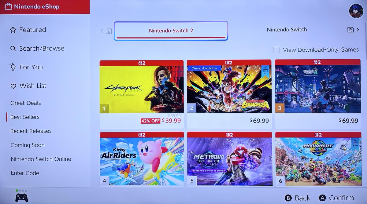 Stealth40k's tweet image. Switch 2 US eShop best sellers on Christmas morning:

1) Cyberpunk 2077
2) Donkey Kong Bananza
3) Pokemon Legends Z-A
4) Kirby Air Riders
5) Metroid Prime 4
6) Mario Kart World
7) Super Mario Party Jamboree Switch 2 Edition
8) Hyrule Warriors Age of Imprisonment
9) Hades II
10)…