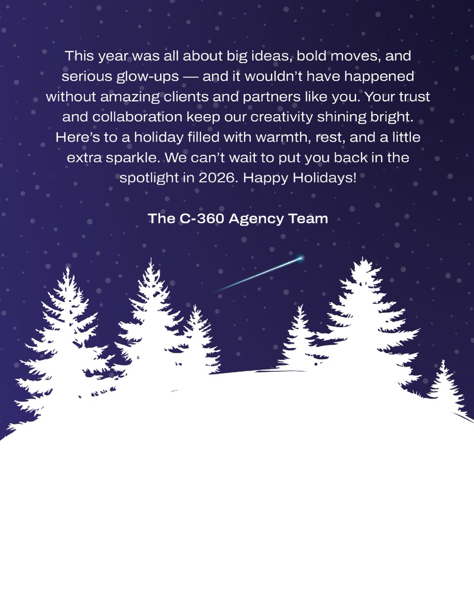 c360_agency's tweet photo. From all of us at C-360 Agency, happy holidays! Thank you to our clients and partners for an incredible year of collaboration and creativity. May your season be bright and the year ahead even brighter. ✨

#Christmas #Marketing #Baltimore #HappyHolidays https://t.co/4BuAtPfXyI