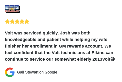 elkinschevy's tweet photo. We just received a great review on Google. Thank you Gail Stewart! https://t.co/3k8XWvJ5Eh