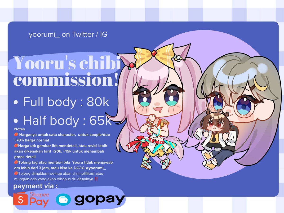 yoorumi_'s tweet image. [RT n like are appreciated!!]
🐈 CHIBI COMMISSION OPEN! 
🐈 Local only

Haloo aku kembali dgn harga yg lebih disesuaikan! bisa dm utk tanya2 terlebih dahulu yaa 😽

🐈 Utk samples n ToS ada di bawah 👇
#yoorucomms #commissionsopen