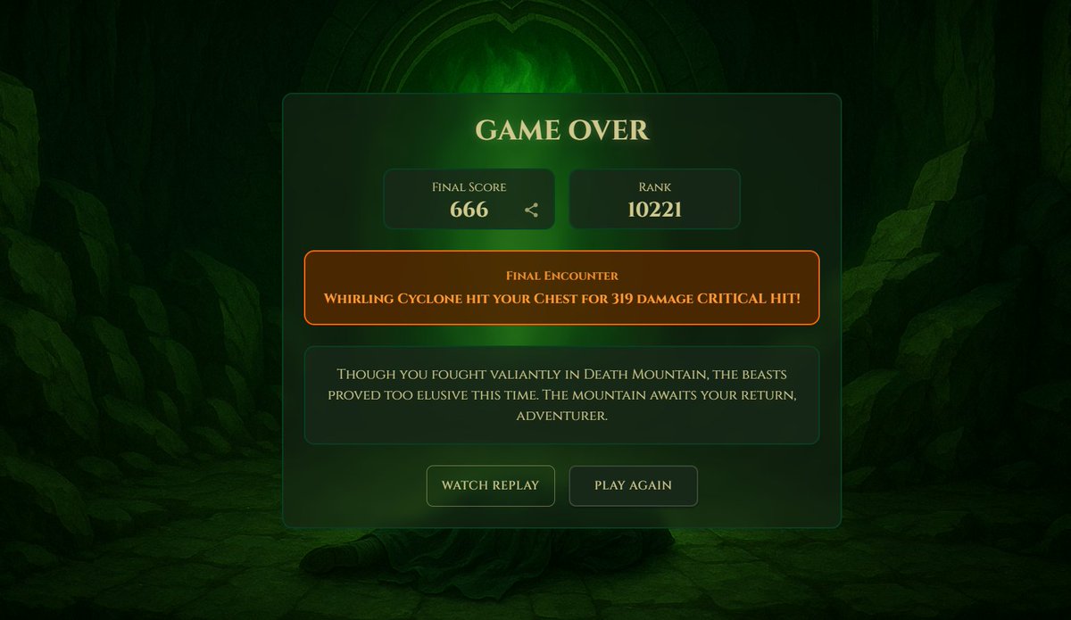 I got a score of 666 in Loot Survivor 2: Beast Mode. 

💀 Whirling Cyclone ended my journey. 

<a href="/provablegames/">Provable Games</a> <a href="/lootsurvivor/">Loot Survivor</a>