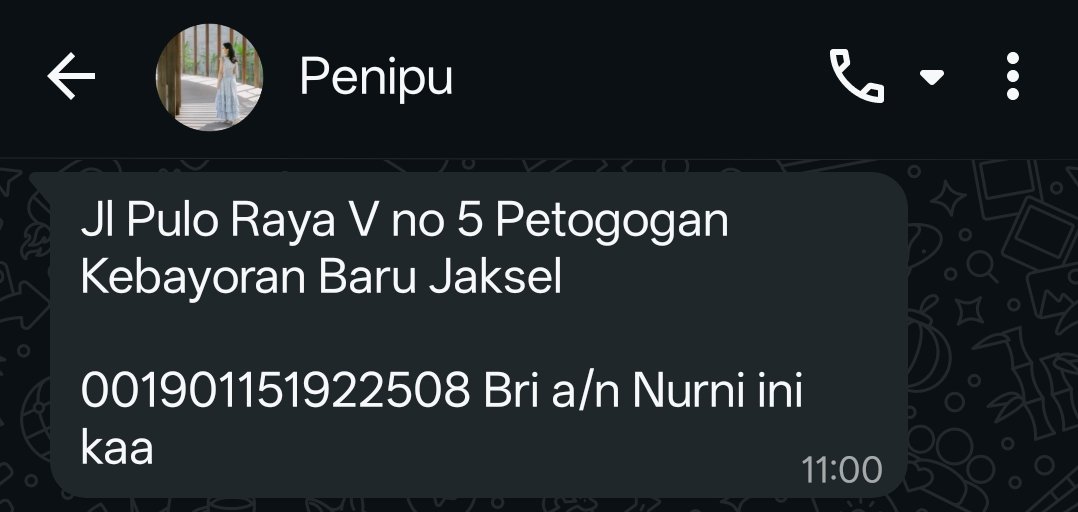 ericazulkarnain's tweet photo. Habis kena penipuan  dari akun secreet99things di threads, trf ke BRI a/n NURNI 

Modusnya jual preloved lemari. Dia kasih alamat &amp; no rekening ini: 
Jl Pulo Raya V no 5 Petogogan Kebayoran Baru Jaksel
001901151922508 Bri a/n Nurni

Trnyata yg pny rumah blg udah 14 org yg ketipu. https://t.co/kKWODTKheD