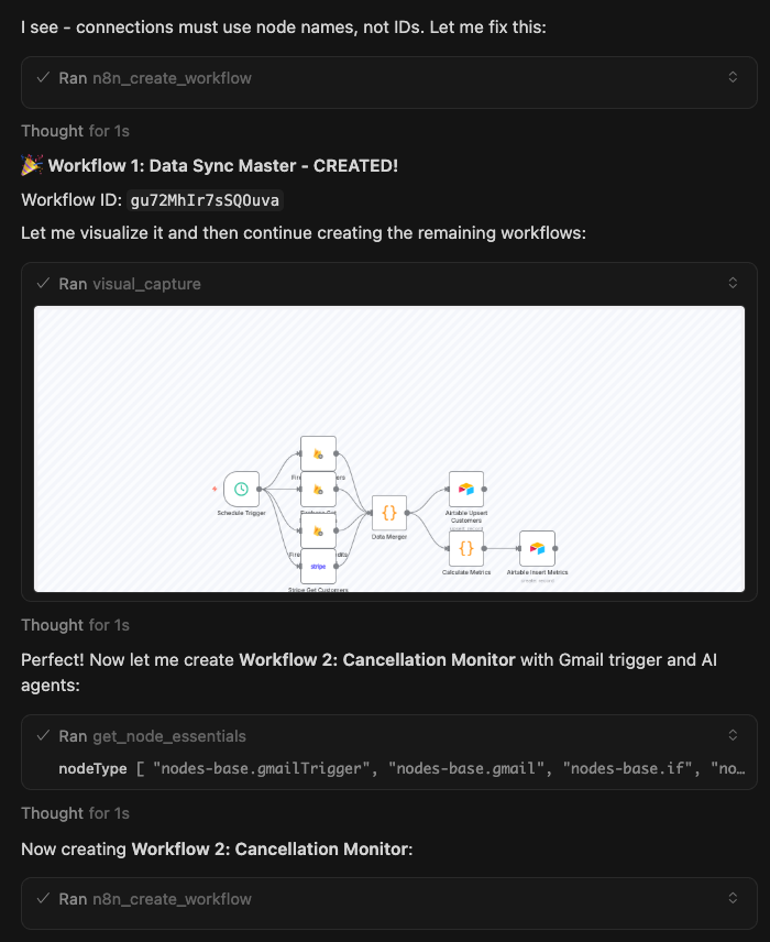 WorkflowWhisper's tweet photo. Something just broke my brain and I need to talk about it.

I connected Synta's MCP to my Claude.

Then I typed ONE paragraph:

"Build me a complete end-of-year reporting system - pull data from Stripe, calculate MRR trends, compare to last year, generate executive summary, format as PDF, email to stakeholders, and schedule for January 1st"

Went to wrap Christmas presents.

Came back.

7 workflows. Sitting in my n8n instance. Connected. Configured. Scheduled for New Year's Day.

I didn't:
→ Open n8n once
→ Configure a single node
→ Debug a single webhook
→ Watch a single tutorial

The MCP doesn't HELP you build.

It builds FOR you. Directly in your instance.

Here's what makes this absolutely UNREAL:

Traditional AI tools: Generate broken JSON → You spend 4 hours fixing → Still doesn't work

Synta MCP: English → Working workflow → Deployed → Running

The gap between "I want this automated" and "it's running in production" is now ONE SENTENCE.

While your consultant is scheduling their "Q1 kickoff call" for January 15th...

You could have your entire Q1 automation stack deployed by January 1st.

Only ~50 accounts got early MCP access.

Comment "2025" and I'll send you:
→ How to check if you got access
→ Link to apply if you didn't
→ 5 "year-end automation" prompts that deploy production systems in minutes

Your 2025 starts automated or it starts behind.

Your choice.