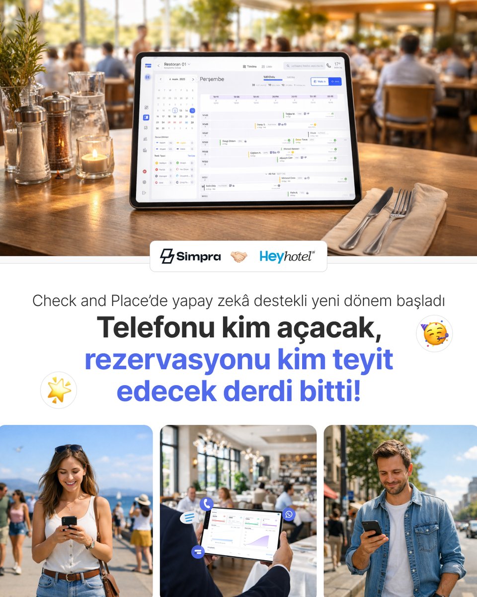 Check and Place’in yeni AI Rezervasyon Asistanı, telefon, WhatsApp ve Telegram’dan gelen rezervasyon taleplerini 7/24 karşılar, notları Check and Place takvimine işler, tarihi yaklaşınca müşteriyi arayıp teyit alır. Üstelik tam 35 dilde! Detaylar için 👉simprasuite.com.tr/restoran-rezer…