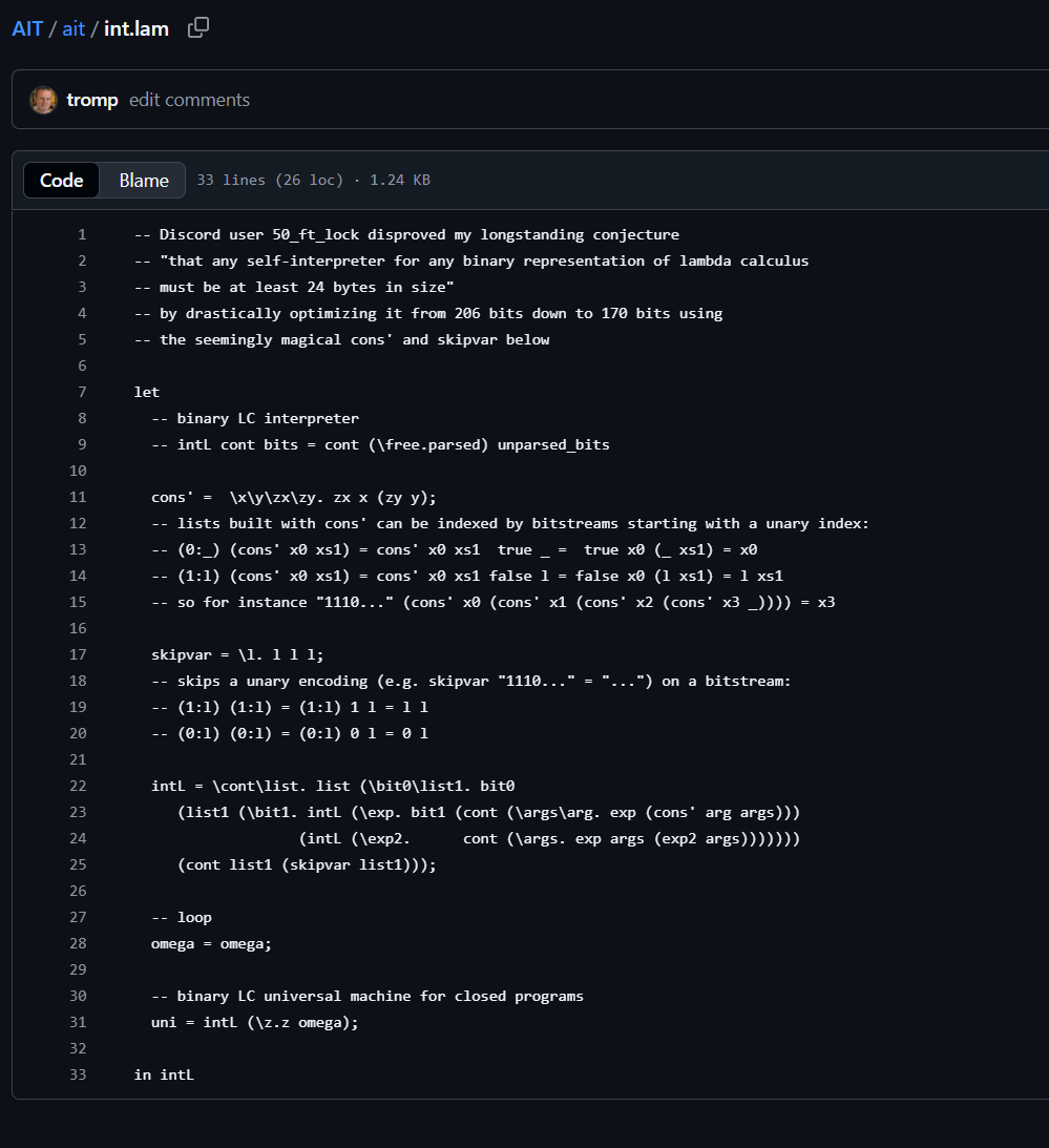 jartine's tweet photo. The Tromp conjecture has just been revised. Two days ago someone on Discord found a way to implement a lambda calculus interpreter in 21 bytes instead of 24. https://t.co/IVIdnxCYHs