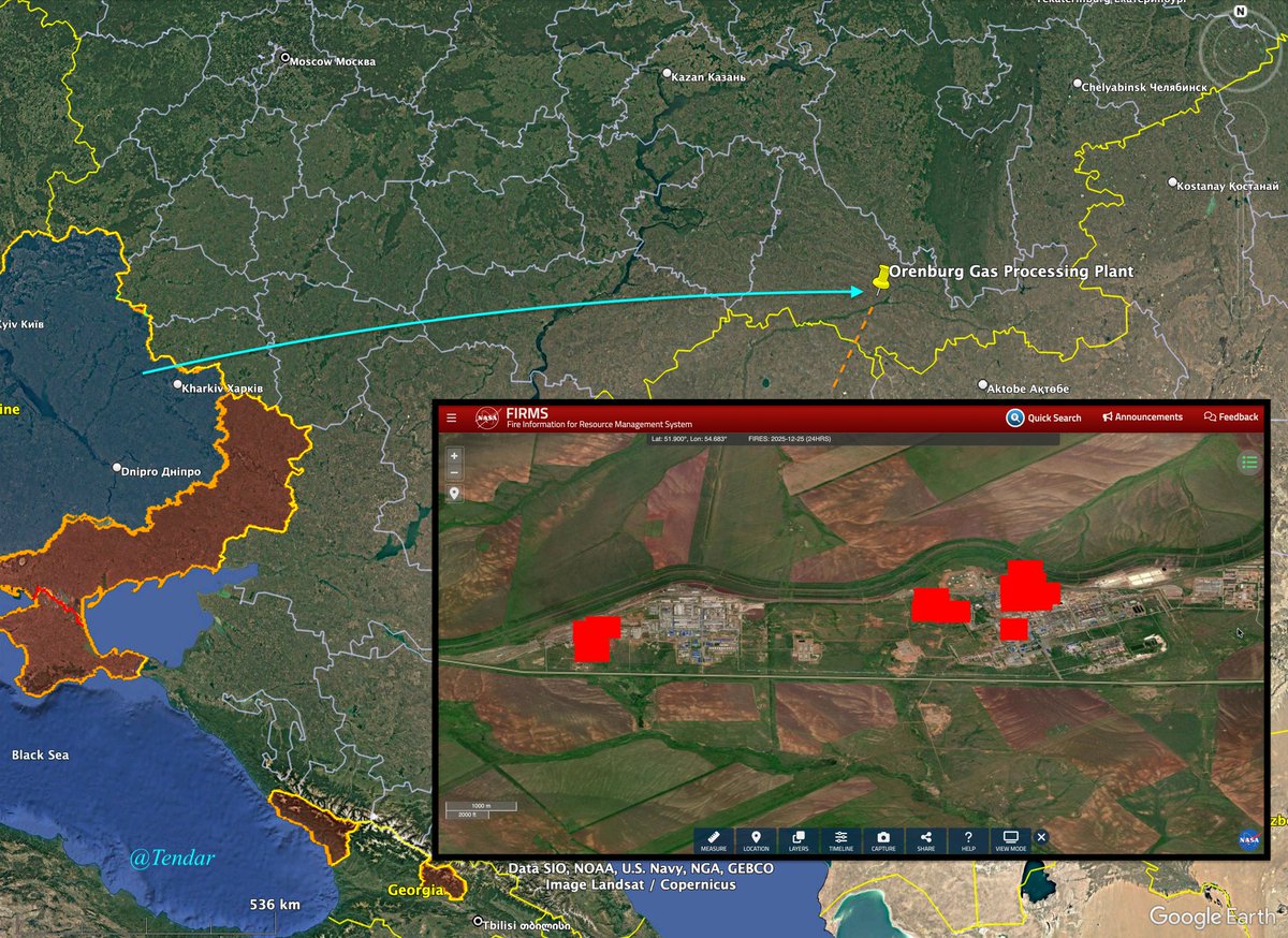Tendar's tweet image. The Orenburg gas processing station was reportedly struck. Last night locals reported of explosions and NASA Firms map indicate fires at this area.

The plant is operated by Gazprom and is one of the world's largest gas chemical complexes, processing gas from the unique Orenburg…
