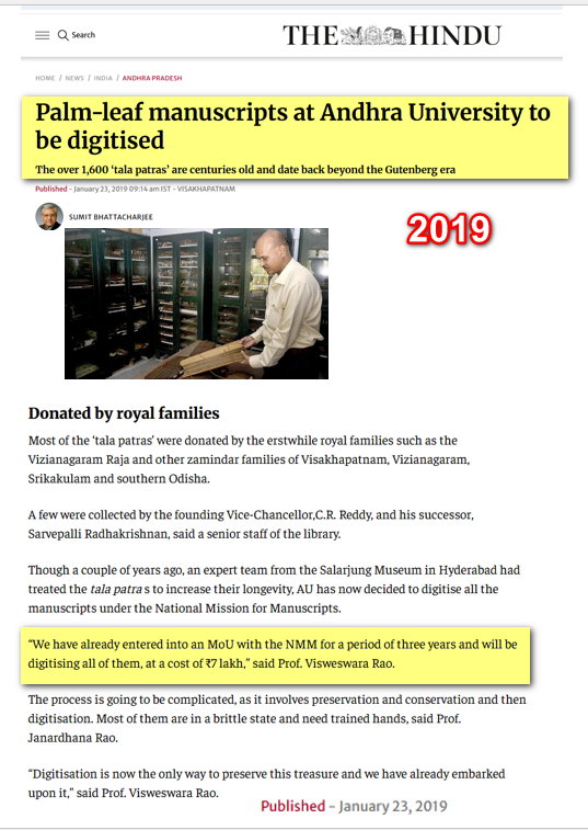 eclector1419857's tweet photo. Digitilization of palm-leaf mansucripts
#Telugu, #Sanskrit project approved
- V. Rangaraj,Director, #AndhraPradesh Oriental #manuscripts Library
Mr. Rangaraj
An MoU with signed #NMM in 2019 for a period of 3 years. I am not sure if you mentioned that in your statement. https://t.co/quT2z3UFsG