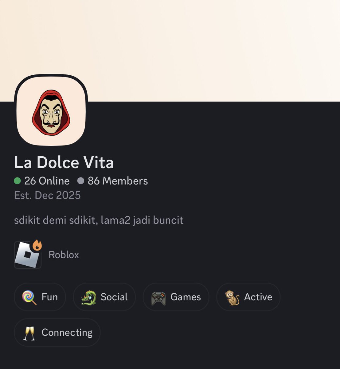 discord.gg/bQSkXvpUR
halo anak discord yg main roblox, aku mau bangun server discord yg selalu aktif, seru, ramah, no drama, no toxic, no circle. bakal ngadain banyak giveaway dan event juga demi memeriahkan server, dan mumpung servernya masih baru bgt, mari kita join barengan