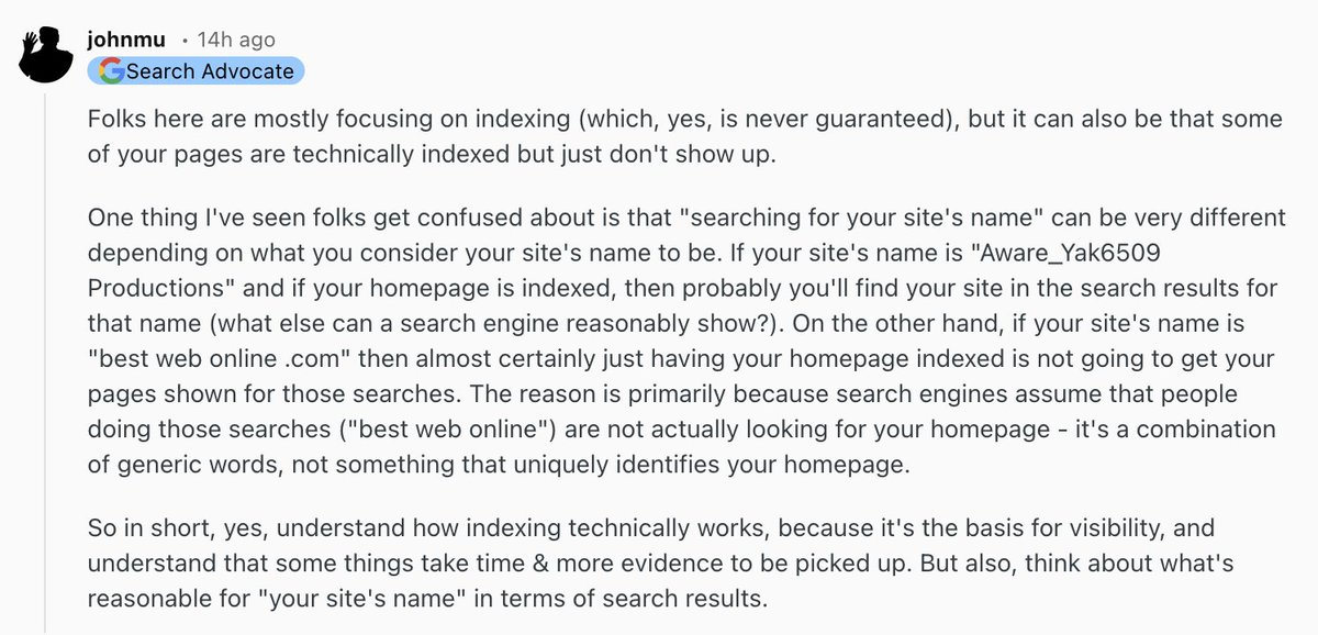 rustybrick's tweet photo. Google's @johnmu suggests you pick a reasonable site name to rank for in Google Search https://t.co/BdUEFAgamP https://t.co/GIpC8xvedR