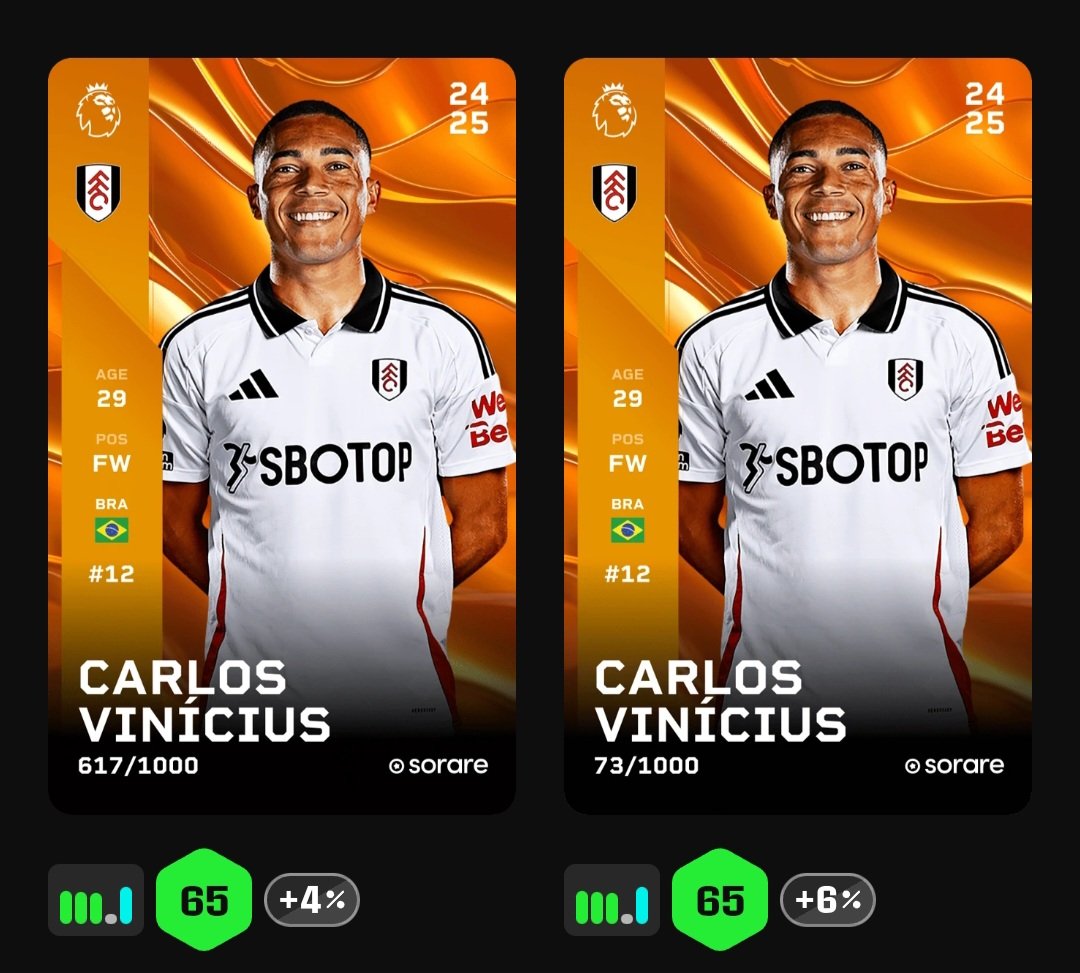 Also a long time ago since my last giveaway, so with Christmas it's time for a new one. Giving away in form Carlos Vinicius 2x.

To win:
✅️RT &amp; ❤
✅️Follow <a href="/kev_indo10/">kev-indo ✈️🏨 (Buying Sorare cards/bundles)</a>
✅️Comment Sorare name

Two winners will be announced on saturday🥳

#Sorare #soraregiveways #Giveaway