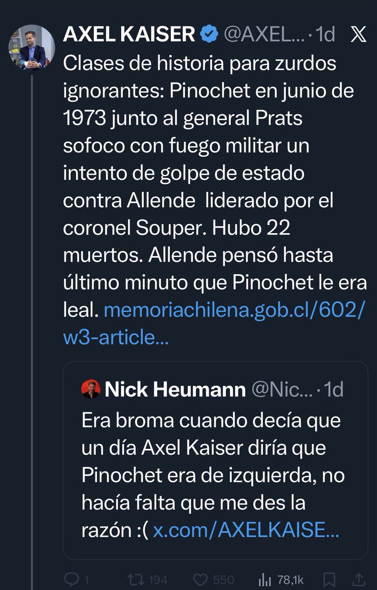 Insiste el oligofrénico, Pinochet era subordinado del general Prats, en ese momento además ninguna rama de las FFAA estaban por hacer un golpe, no porque fueran “socialistas”si no porque aún eran constitucionalistas y el Tacnazo fue un arranque solitario del general Viaux, no era