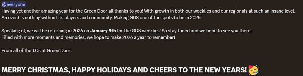 greendoorsmash's tweet image. Merry Christmas, Happy Holidays and Cheers to the New Year!

As we end out 2025 with a bang, we wanted to celebrate the amazing year we had. With some awesome memories and moments within our scene.

Thank you all for another amazing year!

Weeklies return: Jan.9th 2026