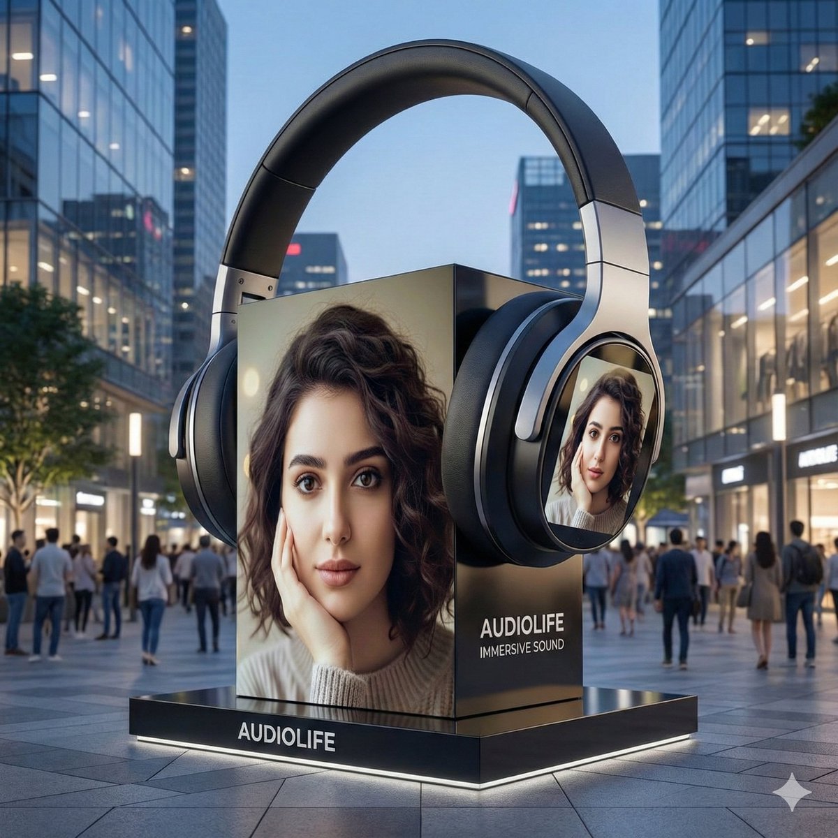 Lovart prompt result: My Face on Giant Headphones in a City Plaza