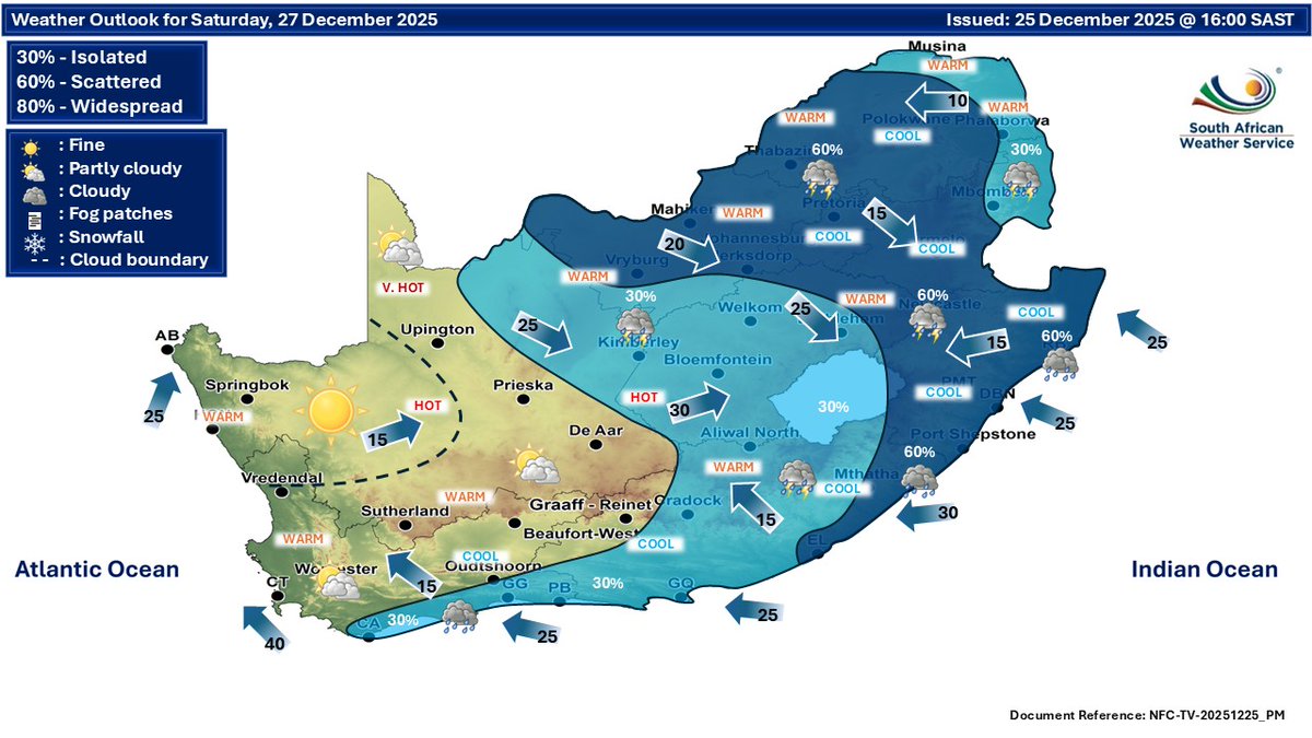 SAWeatherServic's tweet photo. Weather outlook for Saturday &amp; Sunday, 27 - 28 December 2025.
Fine and hot to very hot in the west, otherwise partly cloudy and cool to warm, with isolated to scattered showers &amp; thundershowers anticipated over the central &amp; eastern parts of RSA from the afternoon https://t.co/Sgf4RjwBll