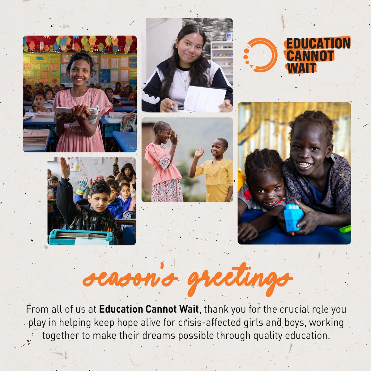 ✨ From all of us at <a href="/EduCannotWait/">Education Cannot Wait</a>, warm wishes for a happy and healthy holiday season to you and your loved ones.

Thank you for standing with us to #KeepHopeAlive for crisis-affected girls and boys, and for helping turn their dreams into reality through quality education.
