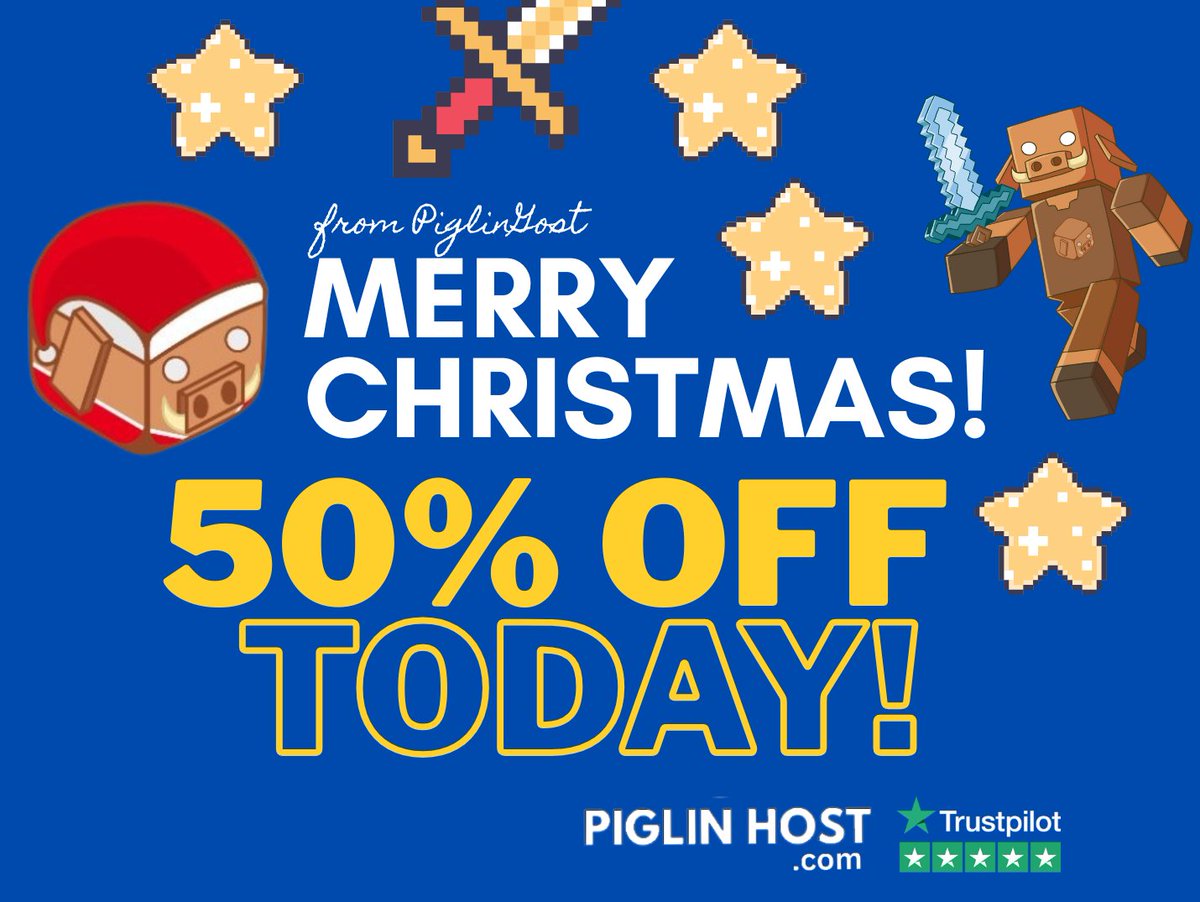 Merry Christmas from the PiglinHost team! 🎄

Wishing all of our amazing players a very Merry Christmas! We hope you’re having a great day with friends &amp; family!

There’s no better time to start a Minecraft server and 
To celebrate, we’ve got an extra 50% OFF in our Sale today!