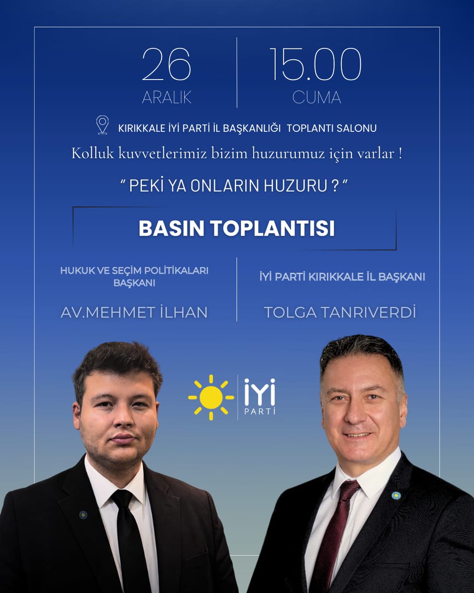 Kahraman kolluk kuvvetlerimiz, bizim huzurumuz için gece gündüz demeden görev başındadır.
Peki ya onların huzuru?
Değerli hemşehrilerim,
İYİ Parti Kırıkkale İl Başkanlığı olarak; askerimizin, polisimizin, jandarmamızın ve bekçimizin sonuna kadar yanındayız. Onların sesi olmak,