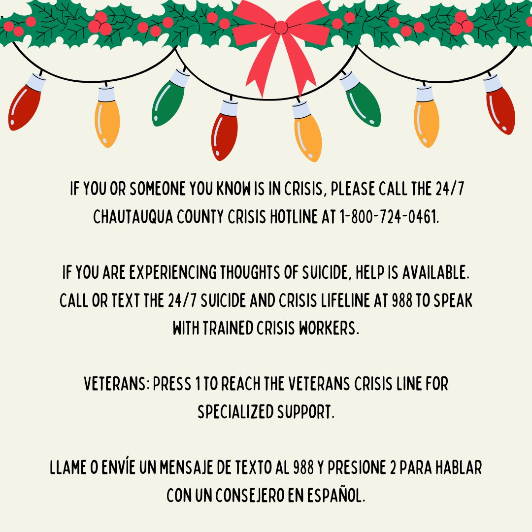 ChautauquaMH's tweet photo. Happy Holidays! Our clinics will be closed today, Thursday December 25th ☃️

If you or someone you know is in crisis, please call the 24/7 Chautauqua County Crisis Hotline at 1-800-724-0461. https://t.co/sNLgSKIpIB