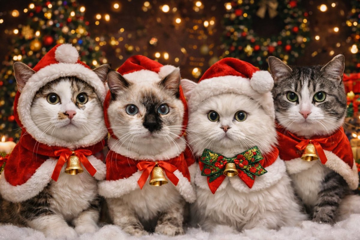 nya96heimao's tweet photo. 私の友達の猫をクリスマス風にしようとしたら、うちの子混じっちゃった笑
でも4匹仲良く並んでて可愛い🐱🫶

🎅🎄𝑀𝑒𝑟𝑟𝑦 𝐶ℎ𝑟𝑖𝑠𝑡𝑚𝑎𝑠����🎁

#モフ猫の日常
#てんてこまいの日常 https://t.co/aBGQbwFFC6