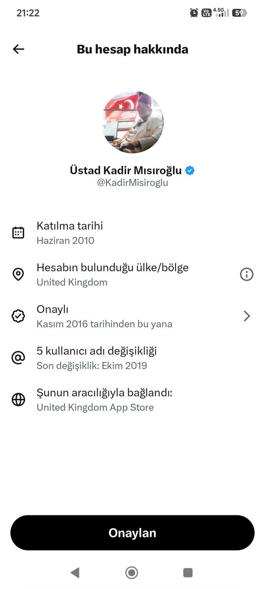 <a href="/kayhtayf/">𝓚𝓪𝔂𝓱𝓪𝓷🇹🇷</a> Mustafa Kemal Atatürk'e İngilizlerin adamı diyen Kadir Mısıroğlu'nun 2010 yılında açılmış olan resmi X (Twitter) hesabı İngiltere'den yönetiliyor ve bu yönetim hâlâ aktif olarak devam ediyor.