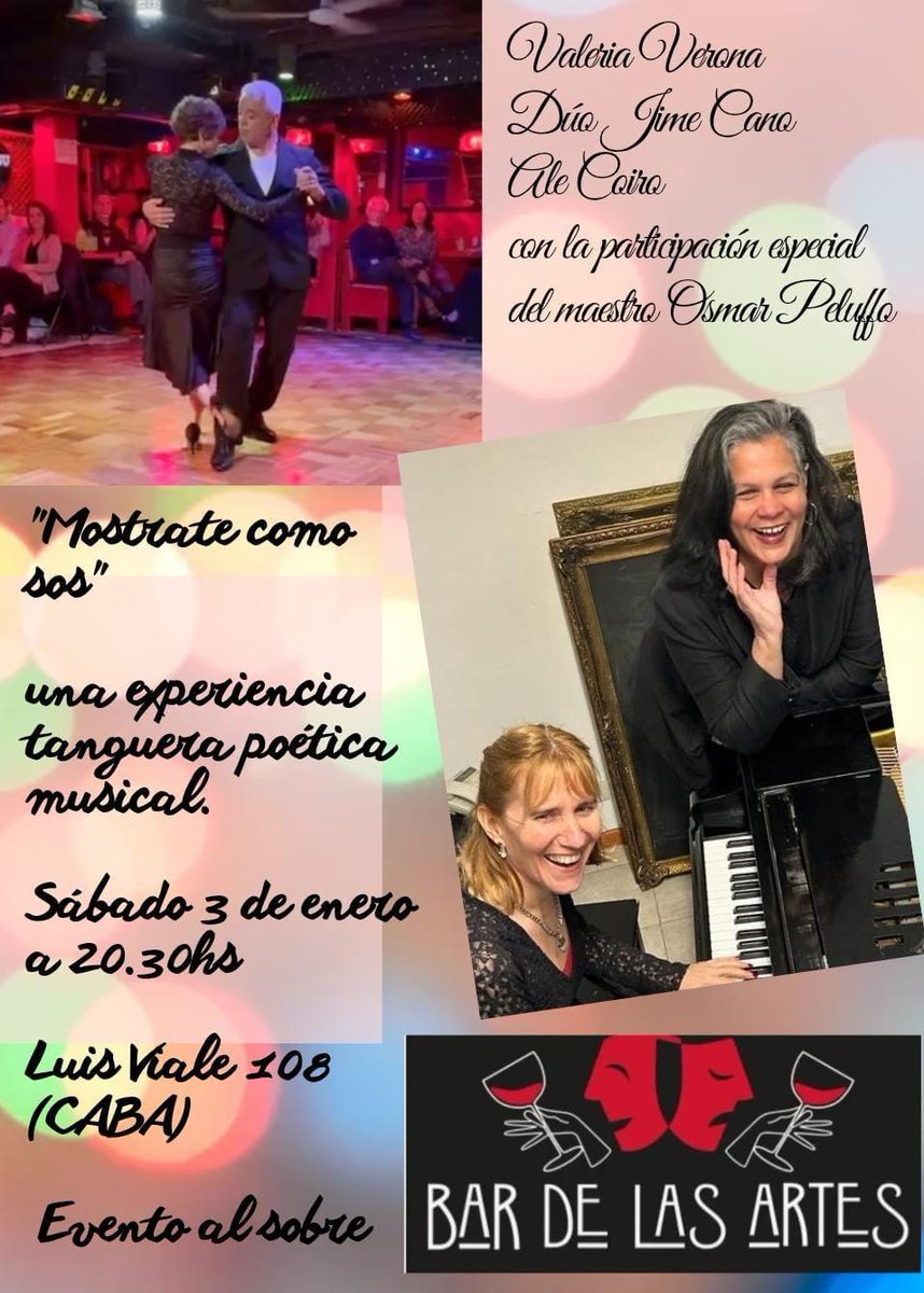 ✨ MOSTRATE COMO SOS ✨
Una experiencia tanguera, poética y musical.
📅 Sábado 3 de enero
🕣 20.30 hs
📍 Bar de las Artes – Luis Viale 108 (CABA)
🎟 Evento al sobre

Tango cantado y bailado + poesía en vivo.

#TangoBA #poesia #Tango #valeriaverona #PonerElCuerpo #poesiaargentina