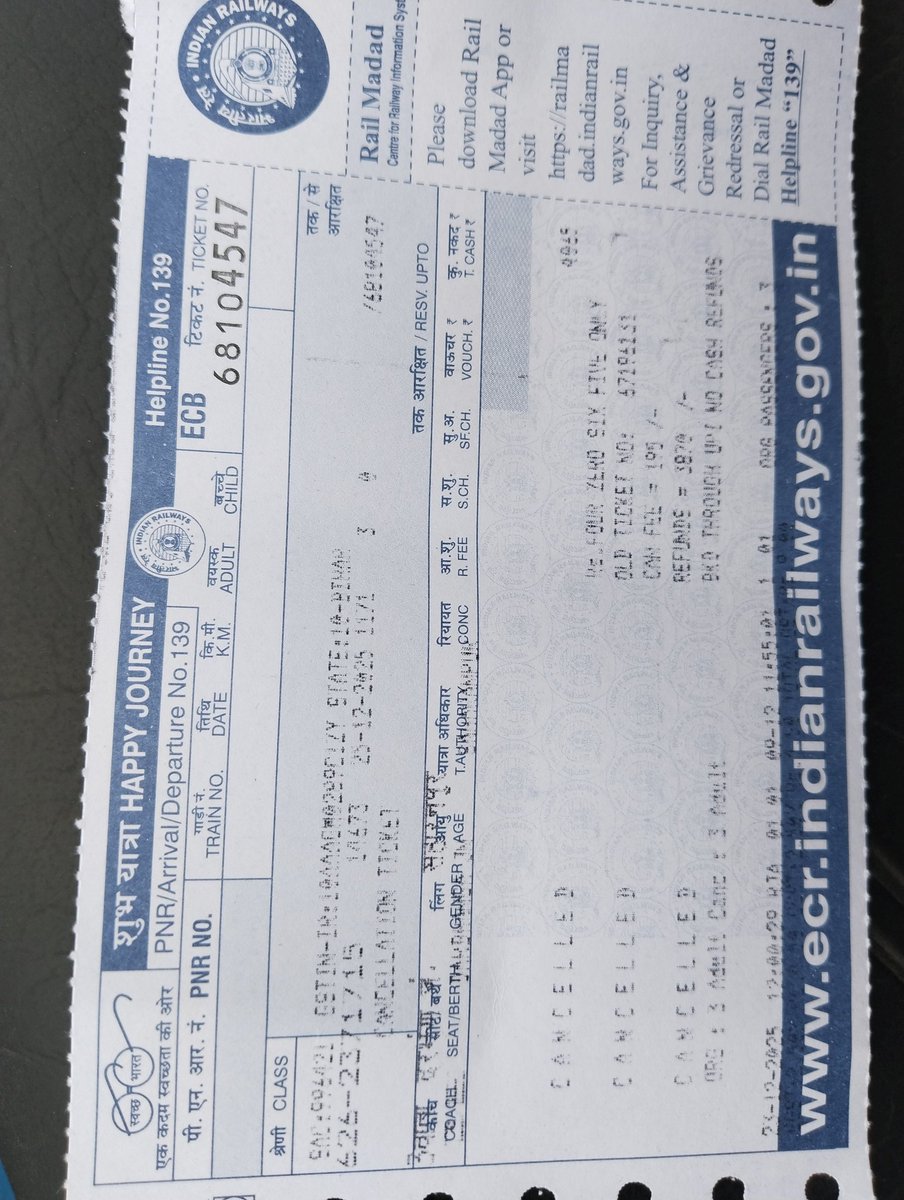 BIKASHY05355353's tweet image. Dear @RailMinIndia @IRCTCofficial, maine railway counter se ticket book kiya tha (PNR:  6262371715]), jise maine cancel kar diya hai. Lekin abhi tak mujhe mera refund nahi mila hai. Kripya is par jald se jald karwai karein.
#RailMadad #IndianRailways #RefundIssue"
Please