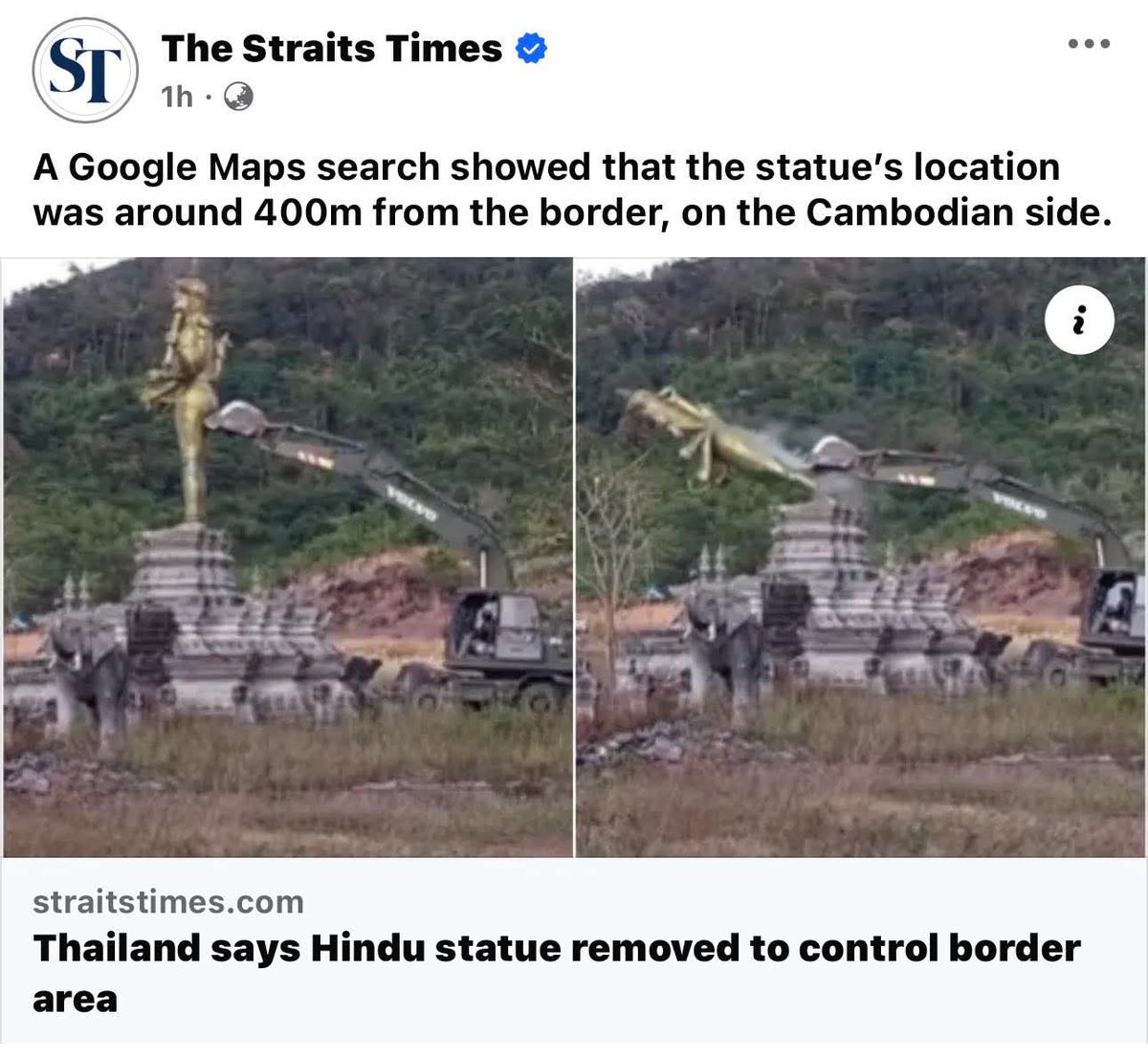 SandanTim's tweet photo. The world is looking at an evil act of Thai militaries who have destroyed Indu statue built by Cambodian. https://t.co/At0EKnh8jj