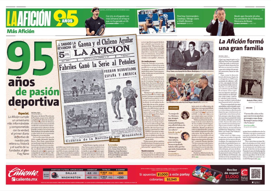 #FelizJueves | Hoy en tu <a href="/Milenio/">Milenio</a>  Diario 🗞️📰

🥳 95 años de pasión deportiva
💍 La Afición formó una gran familia
🇲🇽 Celia Lee, una mexicana de corazón

La mejor información deportiva la encuentras en milenio.com/deportes