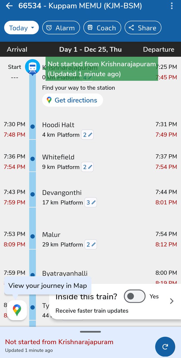KodandaM966's tweet photo. Train No:66534
It is supposed to depart KR Puram at 7:25PM not yet came and everyday this train runs more than hour late
Useless service from @RailwaySeva
Useless and unfit DRM @drmsbc in bangalore division like useless minister @AshwiniVaishnaw
@RailMinIndia @SWRRLY @PMOIndia https://t.co/FWebLJkWgq