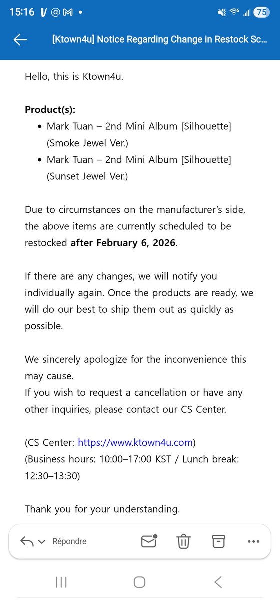 Update Silhouette Album Mark tuan

Il y a un probleme de production. Ils devaient les avoir en stock la semaine derniere mais la date de stock a ete décalé en février.