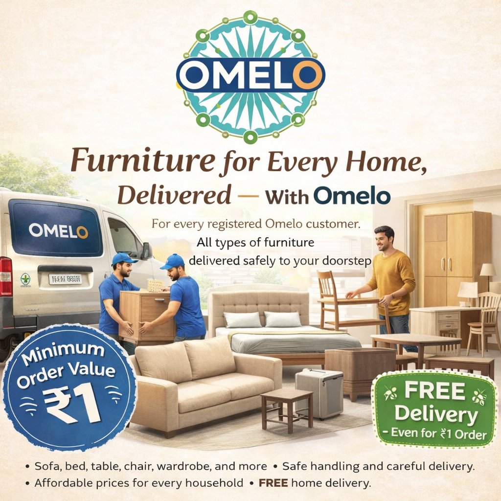 OmeloIndia's tweet photo. अब हर घर को मिले आराम और स्टाइल का सही फ़र्नीचर 🛋️✨
Omelo के साथ पाएं सोफ़ा, बेड, टेबल, कुर्सी, वार्डरोब और हर तरह का फ़र्नीचर – सुरक्षित और समय पर डिलीवरी के साथ।
सिर्फ ₹1 के ऑर्डर पर भी FREE डिलीवरी 🚚
#omelo
#omeloIndiaPvtLtd https://t.co/kaN51oYtpe