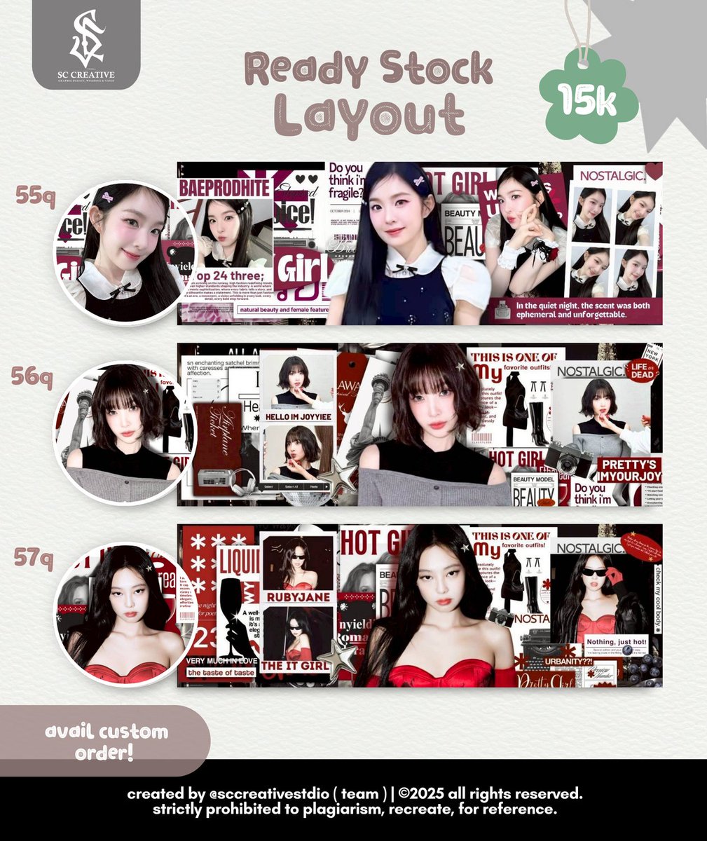 SCCREATIVEarts's tweet image. Help retweet? thank you 💗
Aku hadir membawa layout ready stock classy dari Irene, Joy &amp;amp; Jennie.
Let's enhance your aura to be more classy &amp;amp; elegant🪄

☎️ @sccreativestdio 
#zonauang #zonaba
