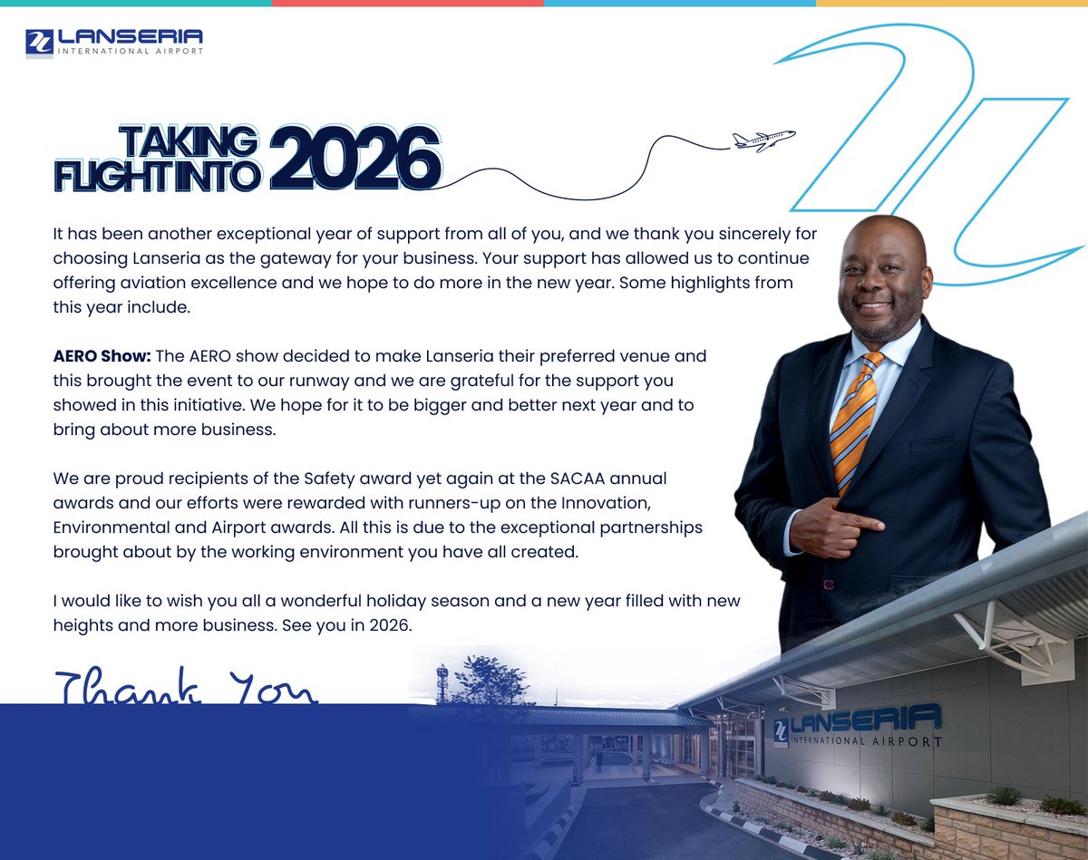 To our valued stakeholders, 

Thank you for your continued support and partnership throughout 2025. Your trust in Lanseria International Airport helps us keep raising the standard in safety, service, and operational excellence. ✨🤏🏾