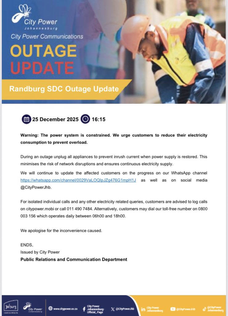 CityPowerJhb's tweet photo. #CityPowerUpdates
#CityPowerOutages
#RandburgSDC

Afternoon statement above 

For more information https://t.co/WP2CzQmNwa ^PC https://t.co/oa5frw3Rsp