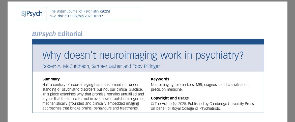 ompsychiatrist's tweet image. Psychiatry doesn’t hide behind scans. We diagnose schizophrenia, bipolar disorder and depression through listening, insight and judgment; without help of biomarkers or imaging. That’s not a weakness. That’s clinical mastery.