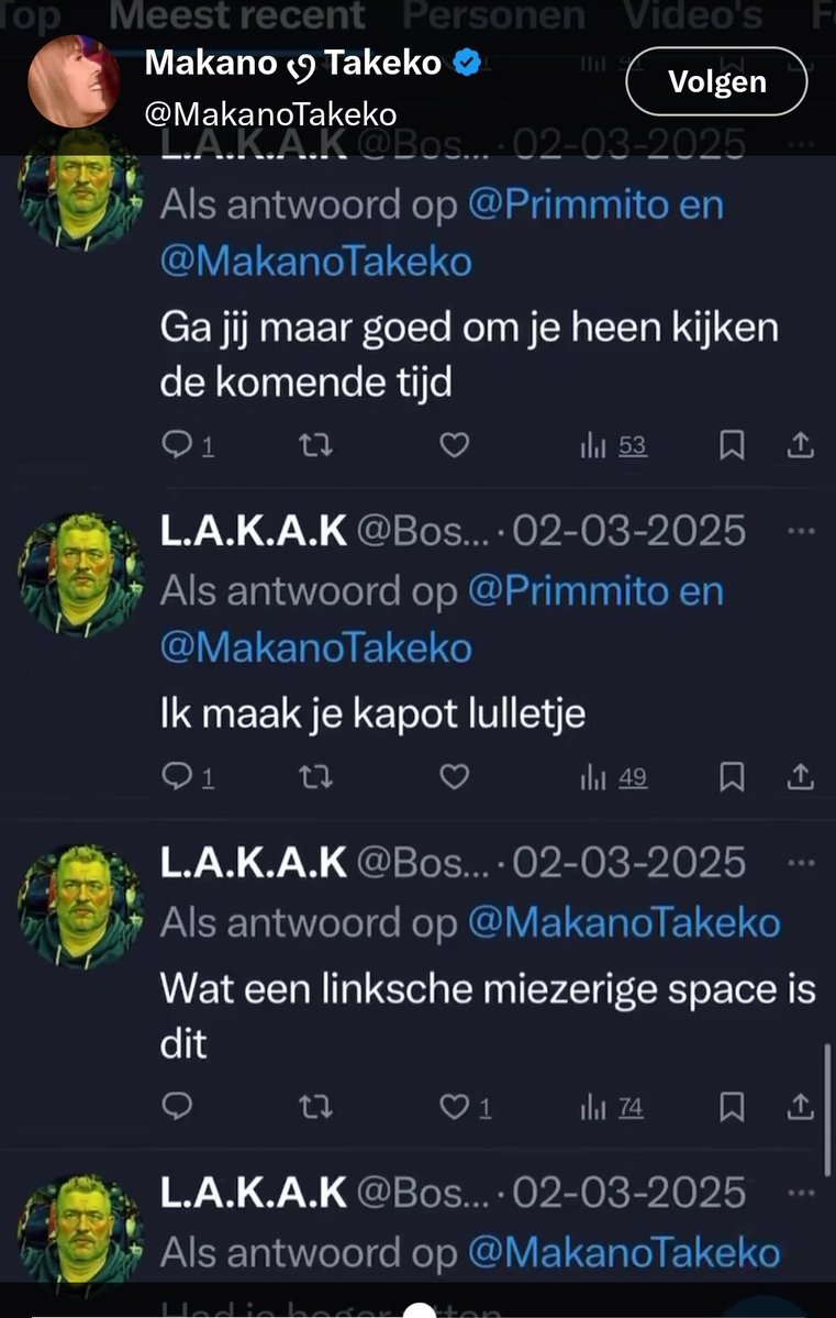 Die Makanotakeko toch. Derkapitanned dreigde ook vaak met "neem een touw". Hij stalkte en belaagde haar met eerdere accounts. (Oa bosshogg).
Is ze er nu bevriend mee, met de inmiddels opgeschortte accounts derkapitanned, dekapiteinned.