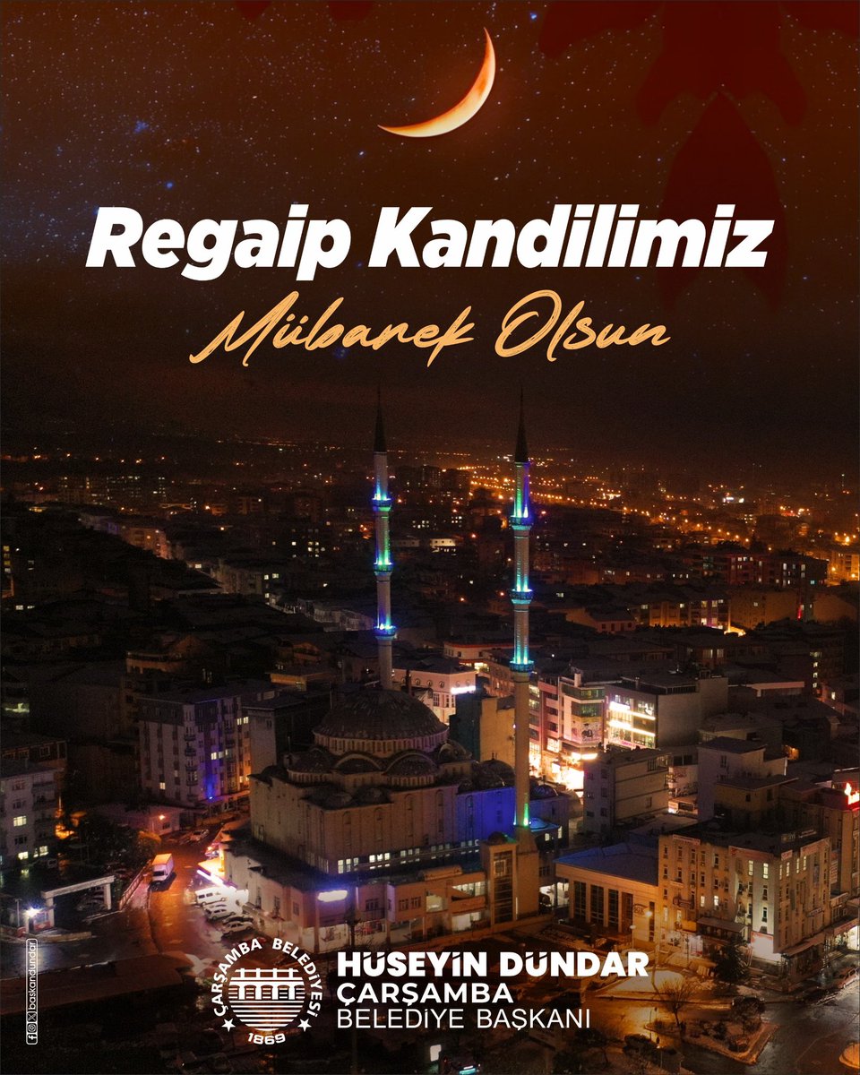 Regaip Kandili’miz mübarek olsun.🕌

Rahmet, mağfiret ve bereketin habercisi olan üç aylarımızı ve Regaip Kandilinizi tebrik eder; bu mübarek ay ve gecelerin barış ve huzura vesile olmasını Yüce Allah'tan niyaz ediyorum. <a href="/carsambabld/">Çarşamba Belediyesi</a>